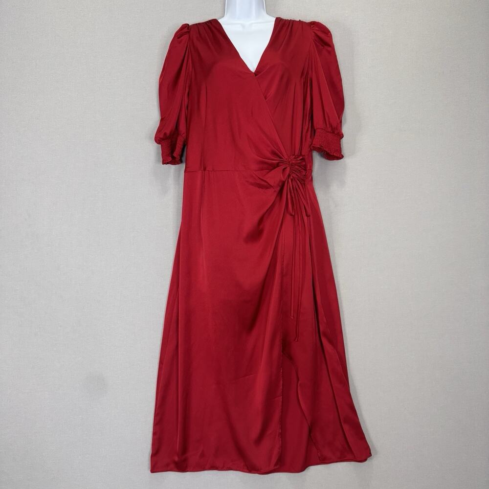 Julia Jordan Satin Surplice Wrap Dress Womens 14 Red Ruched Tie Midi Cocktail